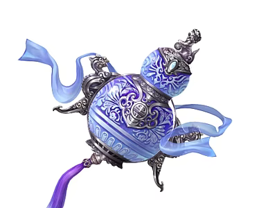 Ornate Blue Gourd Shaped Weapon With Intricate Silver Patterns And Purple Ribbons 3d model