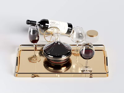 Decorative Ornament Set with Red Wine Bottle Wine Glasses Black Decor on Golden Tray 3d model
