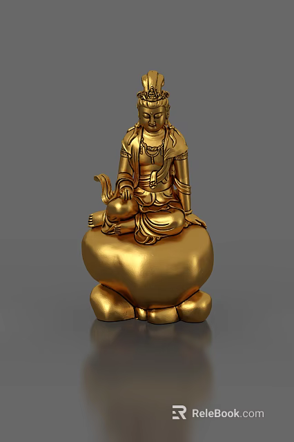 Detailed Golden Buddha Sculpture Carving In Sitting Posture With Stone Base 3d model 