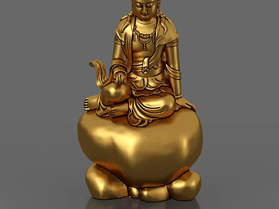 Detailed Golden Buddha Sculpture Carving In Sitting Posture With Stone Base 3d model