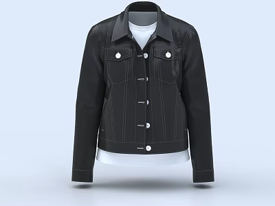 Stylish Black Leather Jacket With Collar Front Pockets And Buttons Over White T-shirt 3d model