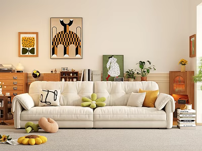 White Double Sofa with Colorful Pillows in Cozy Living Room with Paintings Plants and Books 3d model