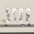 Four Traditional Chinese Landscape Scroll Paintings Hanging on Wall with Small Plant Fruits and Decorations