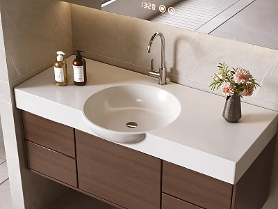 Modern Bathroom Washbasin with White Countertop Wooden Cabinets Faucet Bath Bottles and Flower Vase 3d model