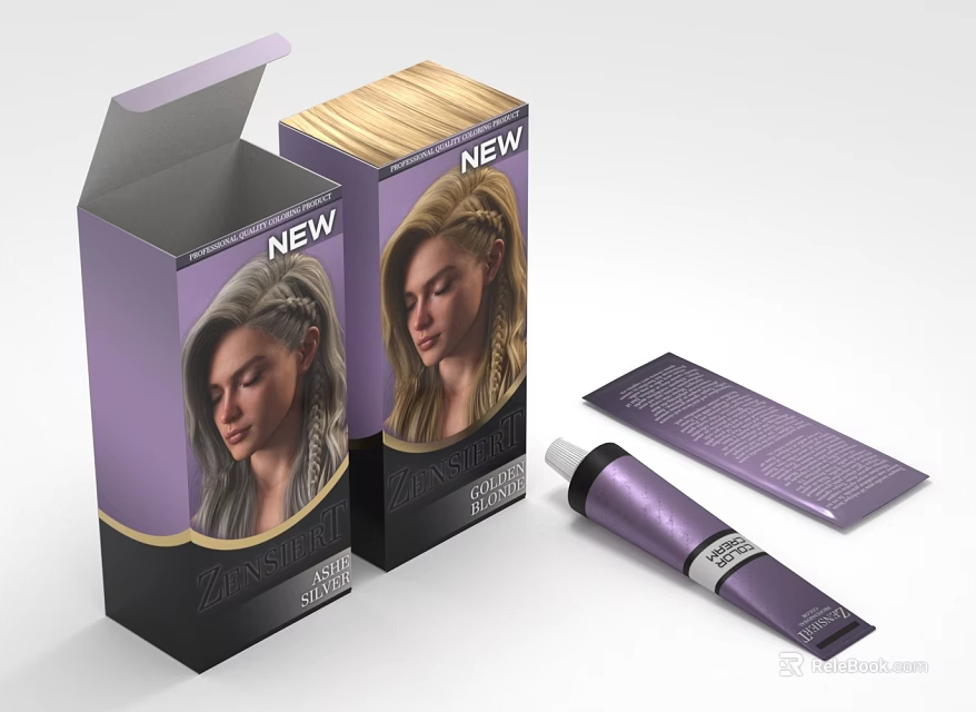 New Hair Color Dye Product With Purple Box Packaging Tube And Instruction Leaflet 3d model 