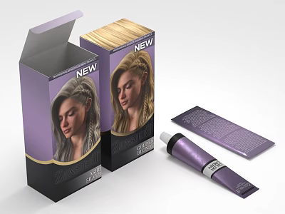 New Hair Color Dye Product With Purple Box Packaging Tube And Instruction Leaflet 3d model