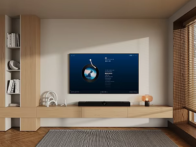 Modern Smart TV On Wooden Stand With Bookshelf And Natural Light 3d model