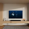 Modern Smart TV On Wooden Stand With Bookshelf And Natural Light