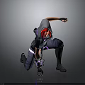Hooded Red Haired 3D Warrior in Armor Kneeling with Purple Accents Combat Stance