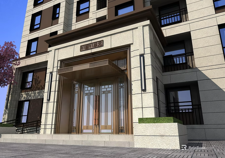 Modern Apartment Building Main Entrance Gate With Stone Facade Glass Doors Decorative Canopy and Balconies 3d model 