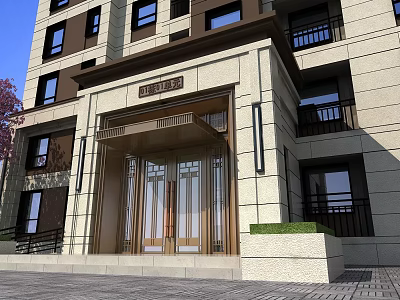 Modern Apartment Building Main Entrance Gate With Stone Facade Glass Doors Decorative Canopy and Balconies 3d model