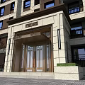 Modern Apartment Building Main Entrance Gate With Stone Facade Glass Doors Decorative Canopy and Balconies