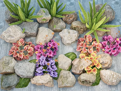 Artistic Garden Decorative Arrangement With Natural Stones Green Succulents And Colorful Purple Yellow Pink Flowers 3d model