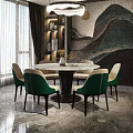 Elegant Dining Table Set With Round Table Green Chairs Wall Decor And Shelves 3d model