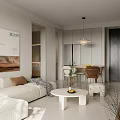 Modern Living And Dining Room Interior With Beige Sofa Arched Window And Decorative Painting