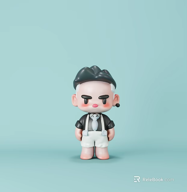 Cartoon Doll Figure With Black Hair Black Top And White Overalls On Light Blue Background 3d model 