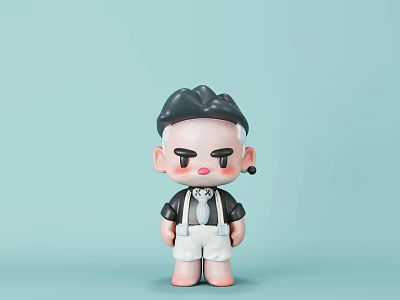 Cartoon Doll Figure With Black Hair Black Top And White Overalls On Light Blue Background 3d model