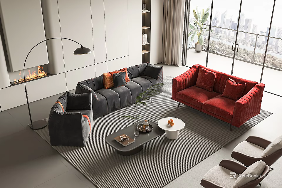 Modern Gray and Red Sofa with Coffee Table Set in Living Room Interior 3d model