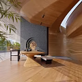 Modern Teahouse With Curved Wooden Interior And Tea Set