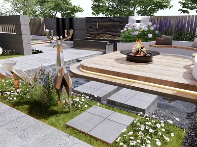 Modern Courtyard Garden Design With Fire Pit Wooden Deck Stone Pavers And Deer Sculpture 3d model