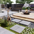 Modern Courtyard Garden Design With Fire Pit Wooden Deck Stone Pavers And Deer Sculpture