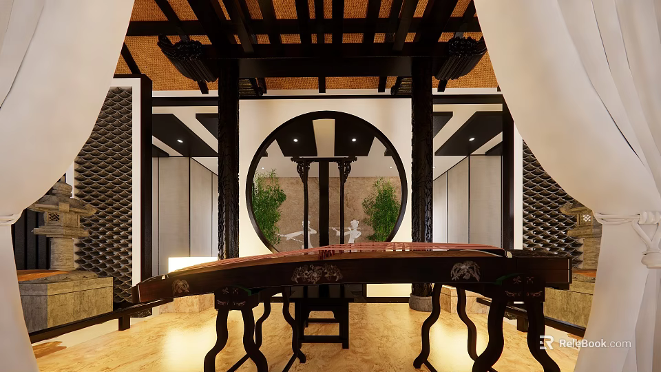 Traditional Tea Room Interior Design With Round Window Guqin And Wooden Decor 3d model 