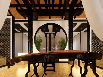 Traditional Tea Room Interior Design With Round Window Guqin And Wooden Decor 3d model