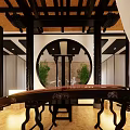 Traditional Tea Room Interior Design With Round Window Guqin And Wooden Decor