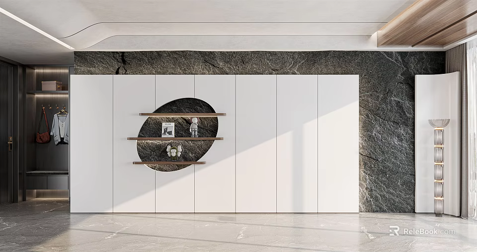 Modern Sofa Background Wall Design With White Panels Marble Texture And Wooden Shelves 3d model 