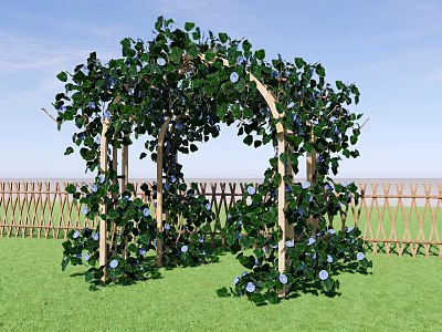 Courtyard Garden With Vines Covered Arbor Green Lawn Wooden Fence And Blue Flowers 3d model
