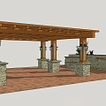 Wooden Pergola with Stone Pillars Hanging Lanterns Outdoor Kitchen Grill and Cabinets on Paved Patio