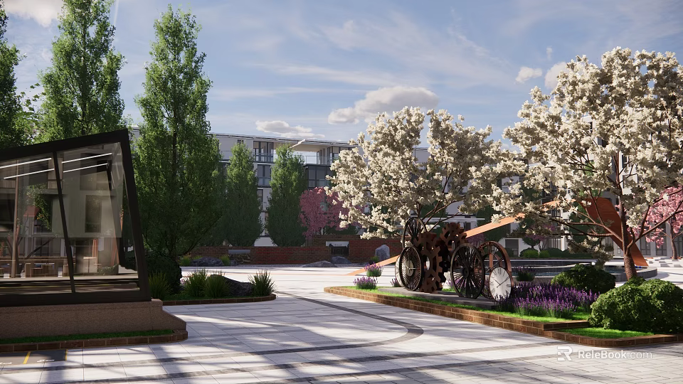 Park Landscape With Green Trees White Flowering Trees Modern Buildings And Paved Area 3d model 
