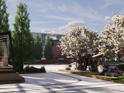 Park Landscape With Green Trees White Flowering Trees Modern Buildings And Paved Area 3d model