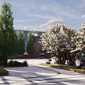 Park Landscape With Green Trees White Flowering Trees Modern Buildings And Paved Area
