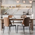 Modern Elegant Restaurant Interior With Dining Table Leather Chairs Pendant Lights And Marble Countertop