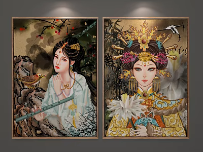 Traditional Chinese Figure Paintings With Elegant Women Flute Lotus And Ornate Costumes 3d model