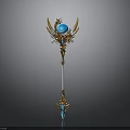 Ornate Golden Decorated Weapon With Blue Orb Top White Staff And Bottom Gem