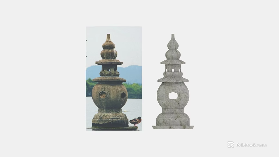 Traditional Stone Lanterns in Scenic Mountain Water Landscape With Duck 3d model 