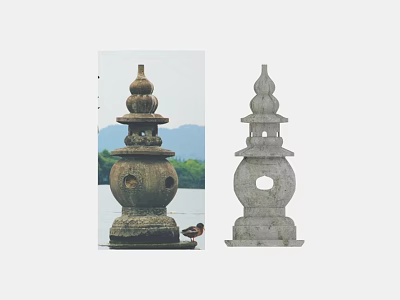Traditional Stone Lanterns in Scenic Mountain Water Landscape With Duck 3d model