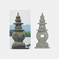 Traditional Stone Lanterns in Scenic Mountain Water Landscape With Duck