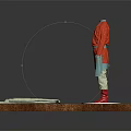 Red Top And Blue Bottom Mannequin With Three Fabric Stacks On Wooden Display Table