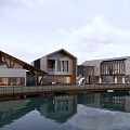 Modern Waterfront Architecture With Unique Roof Design Glass Windows And Reflection On Water 3d model
