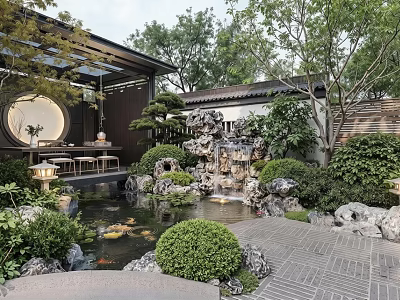 Traditional Chinese Garden Landscape With Pond Koi Fish Rockery Green Plants And Stone Path 3d model