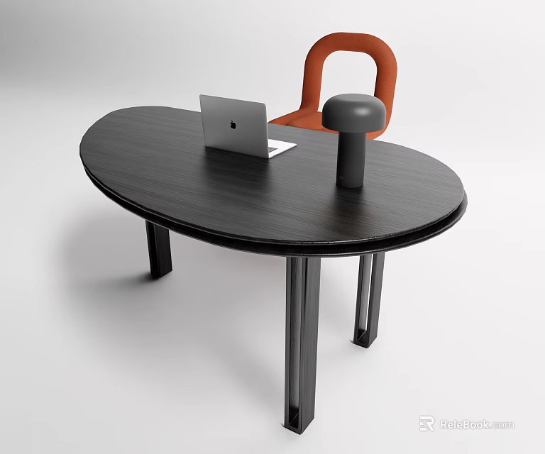 Modern Wooden Desk Design with Laptop Black Lamp and Orange Chair 3d model 