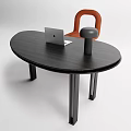 Modern Wooden Desk Design with Laptop Black Lamp and Orange Chair
