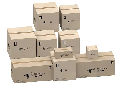 Stacked DOSS Brand Cardboard Boxes In Various Sizes With UP Arrows 3d model
