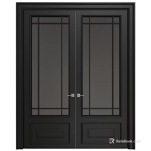 Black Modern Double Doors With Glass Panels And Grid Design 3d model 