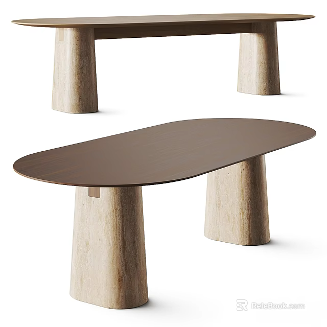 Modern Wooden Dining Table With Oval Top And Cylindrical Legs Design 3d model 