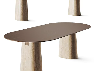 Modern Wooden Dining Table With Oval Top And Cylindrical Legs Design 3d model