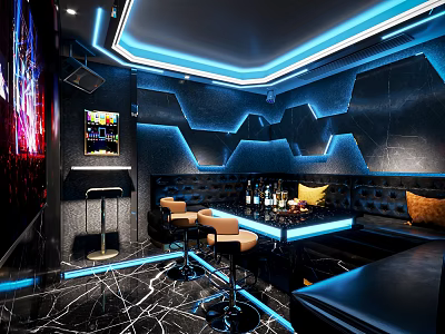 Modern KTV Interior Design With Blue LED Lighting Black Leather Sofa And Bar Counter 3d model